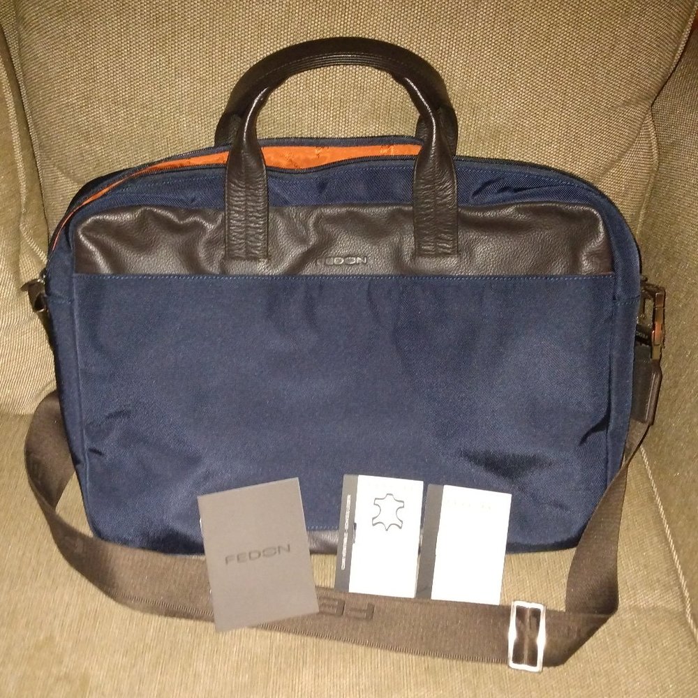 ❤️GIORGIO FEDON Navy and Brown Canvas Leather Laptop Briefcase +Shoulder Strap